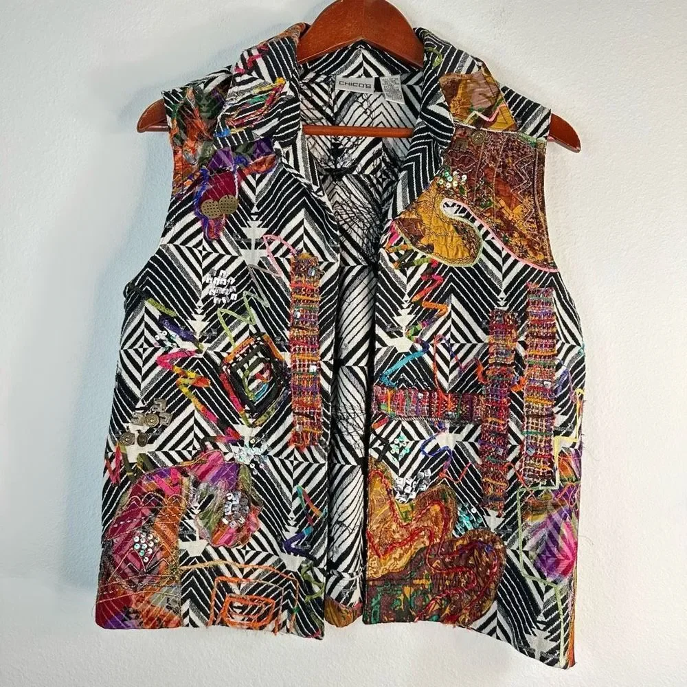 Vintage Chico’s Women’s Boho Artsy Mixed Media Vest Medium Retro 80s Inspo‎